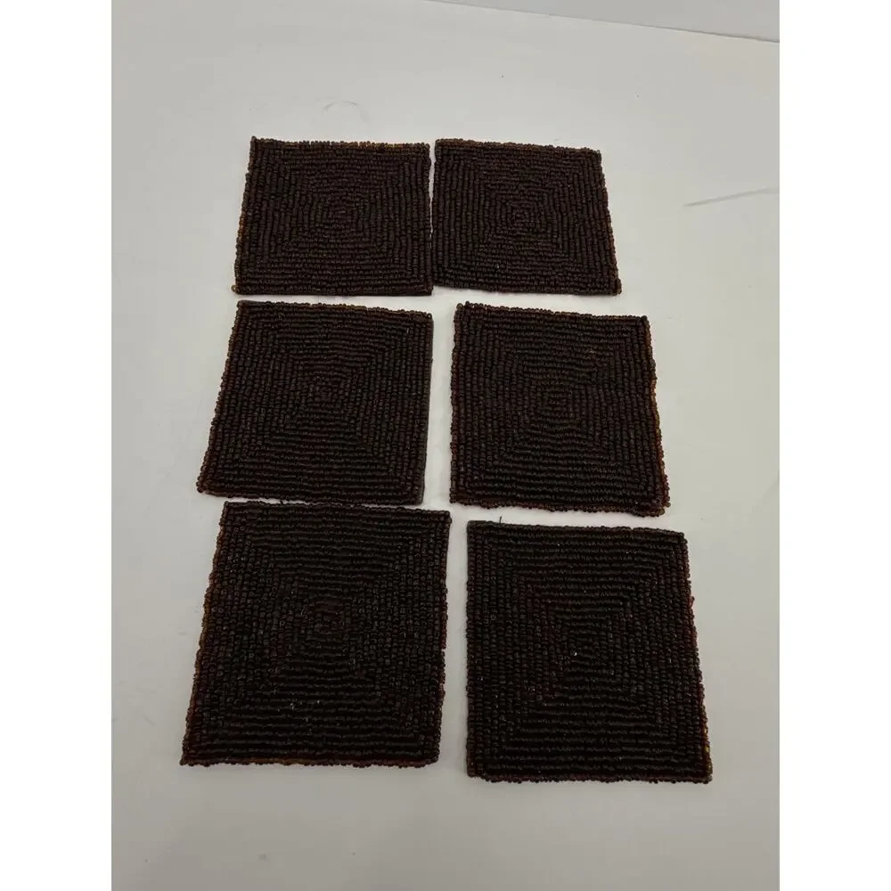 African Beaded Coasters Set of 6 Brown Amber Seed Bead Square Tribal Table Decor